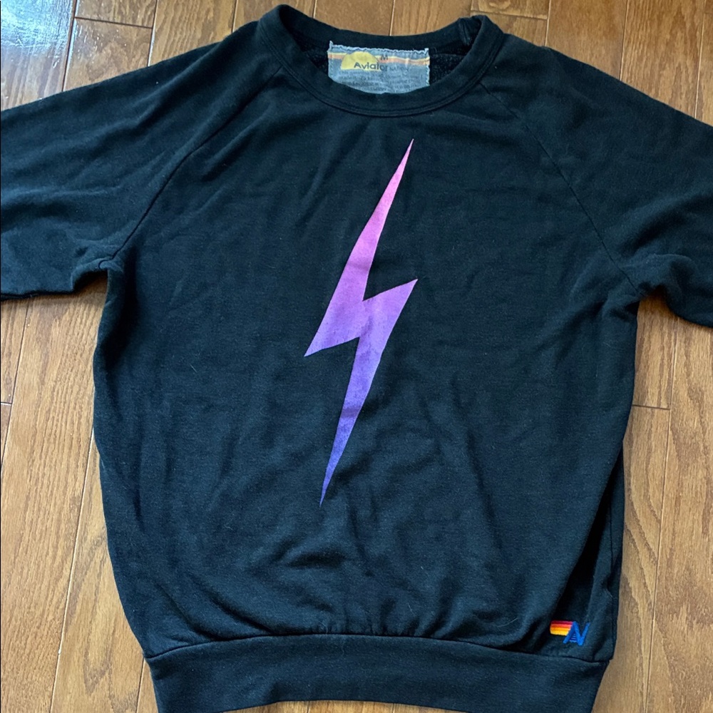 Aviator Nation Black Crewneck with Purple Lightning